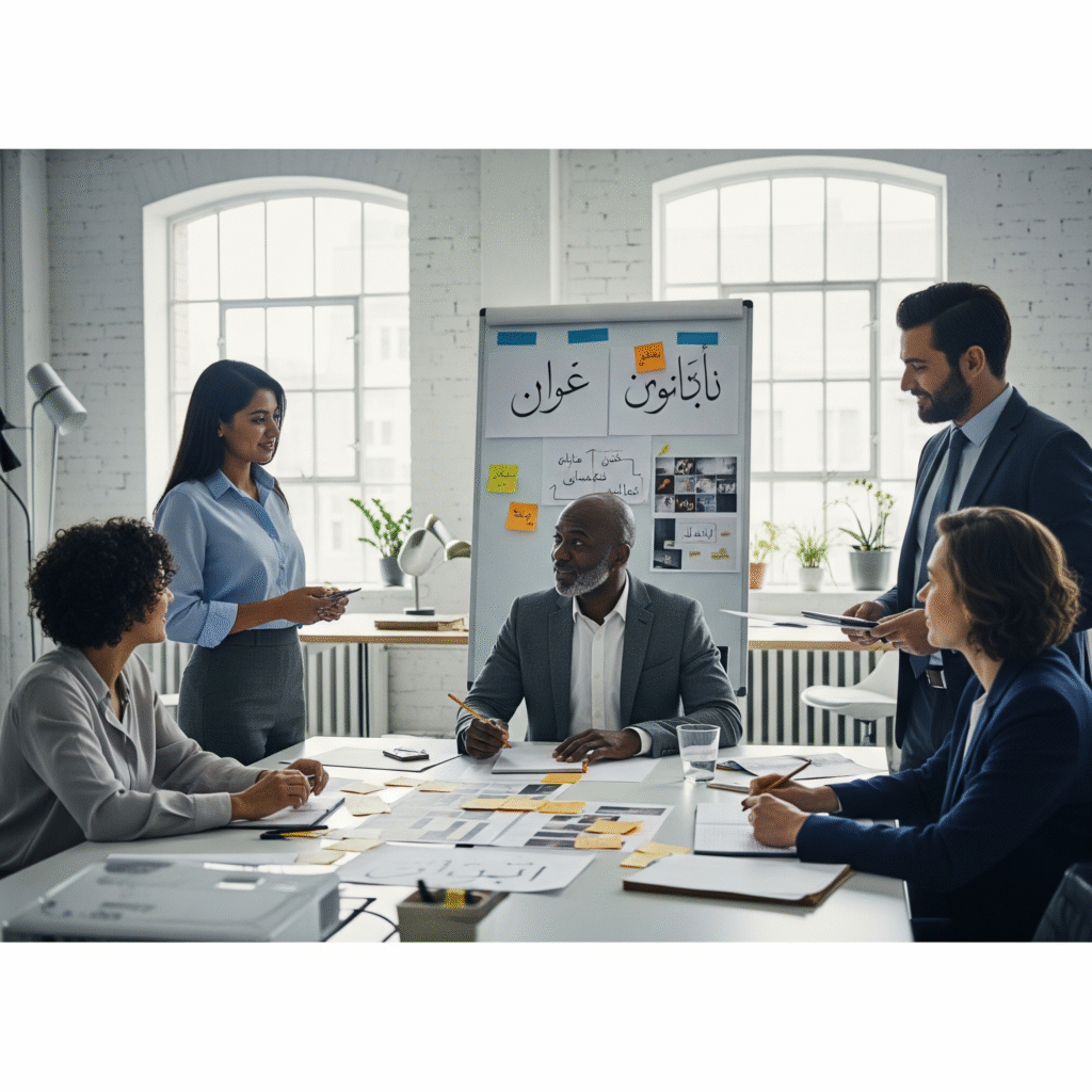 Business team in a creative meeting with Arabic brand name ideas on a whiteboard — representing Arabic naming services for businesses.